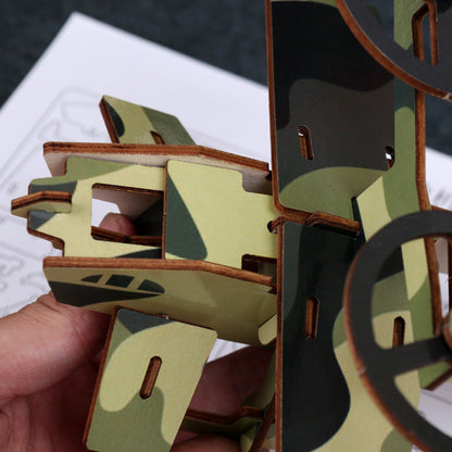 Close-up of wooden 3D aircraft puzzle slot construction