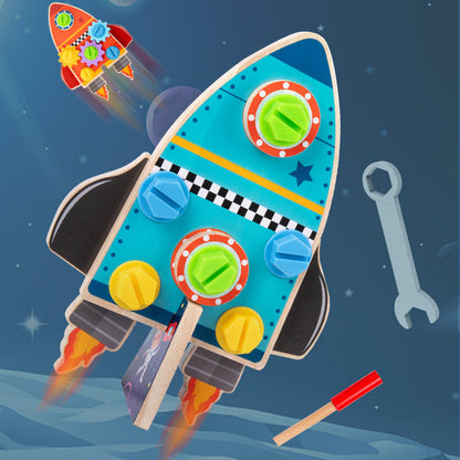 Space-themed wooden rocket construction activity toy