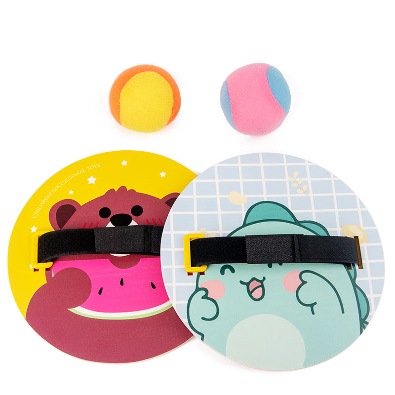 Two illustrated wooden catching paddles with two soft sticky balls