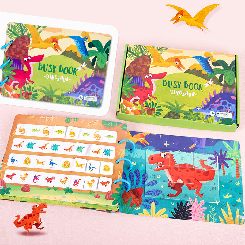 Dinosaur busy book open with matching activity pages