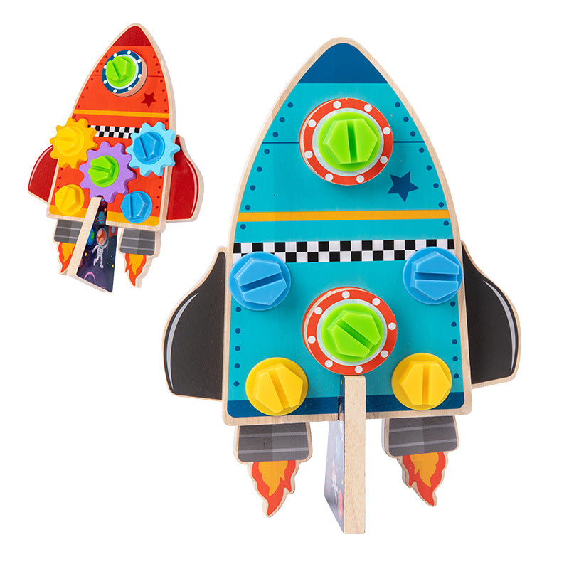 Blue and orange wooden rocket activity toy showing both play sides