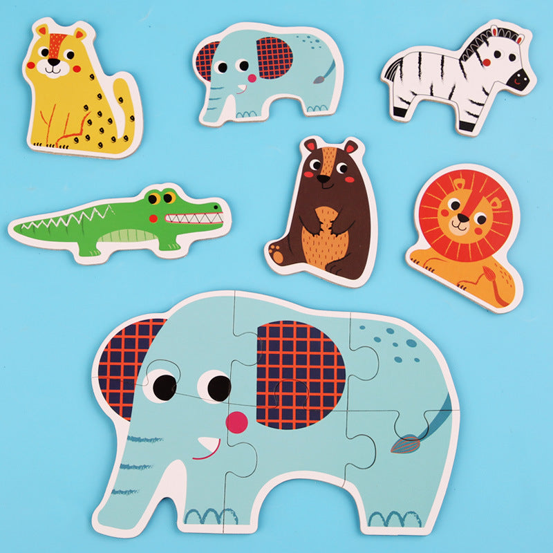 Assorted wooden animal puzzles with elephant puzzle example