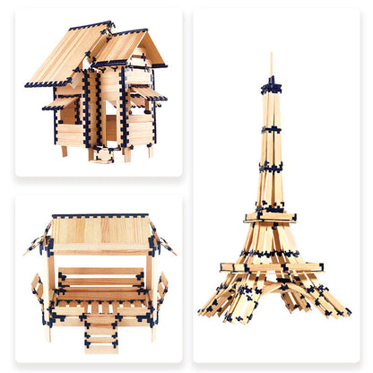 Example wooden construction models made from the building set