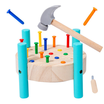 Wooden hammer and colourful peg pounding table toy