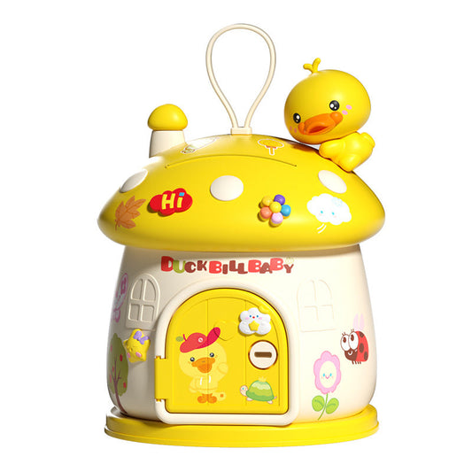 Yellow duck DIY mushroom house piggy bank on white background