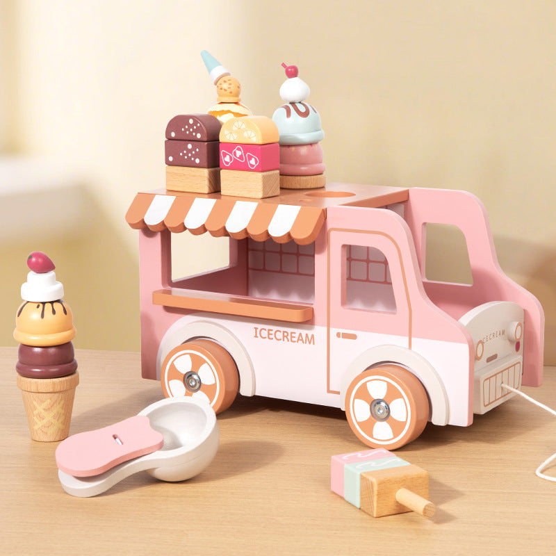 Pink wooden ice cream vending cart tabletop play scene