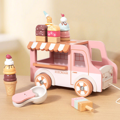 Pink wooden ice cream vending cart tabletop play scene