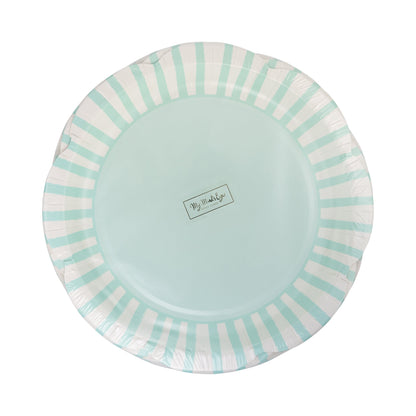 Aqua Striped Scallop Paper Plates, 8 ct, 9 in