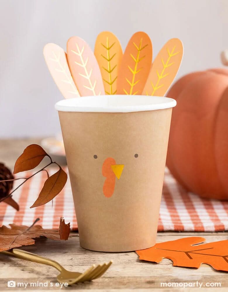 Thanksgiving Harvest Turkey Cups – 8 oz Paper Set of 8 with Feathers