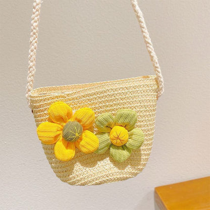 Kids Woven Straw Crossbody – Fabric Flowers, 3–7 Yrs