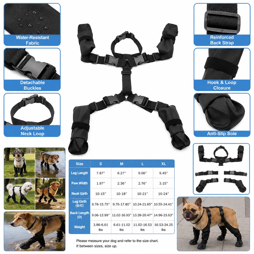 Stay-On Waterproof Dog Walking Boots for Rain, Mud & Hot Pavement - Anti-Slip Paw Protection Suit