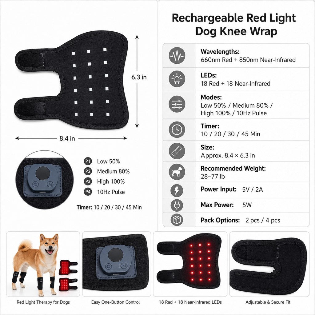 Rechargeable Red Light Therapy Dog Knee Wrap for Senior Dogs - At-Home Leg Comfort Support for Post-Walk Stiffness & Mobility Care