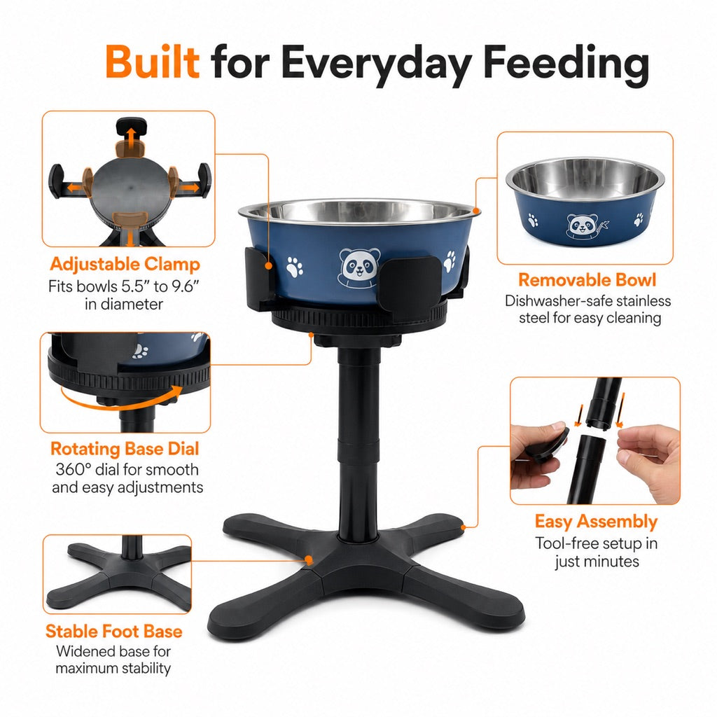 French Bulldog Adjustable Elevated Tilted Dog Bowl for Kitchen Feeding Corners - 3-Height Stand with Slow Feeder Insert to Reduce Neck Bending & Mess