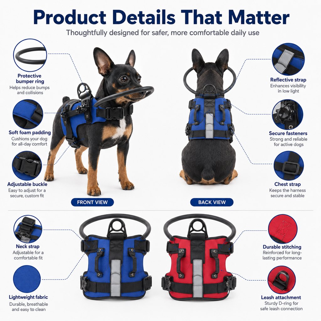 Adjustable Dog Bumper Ring Harness for Safer Home Walking - Helps Blind & Senior Dogs Avoid Wall & Furniture Bumps