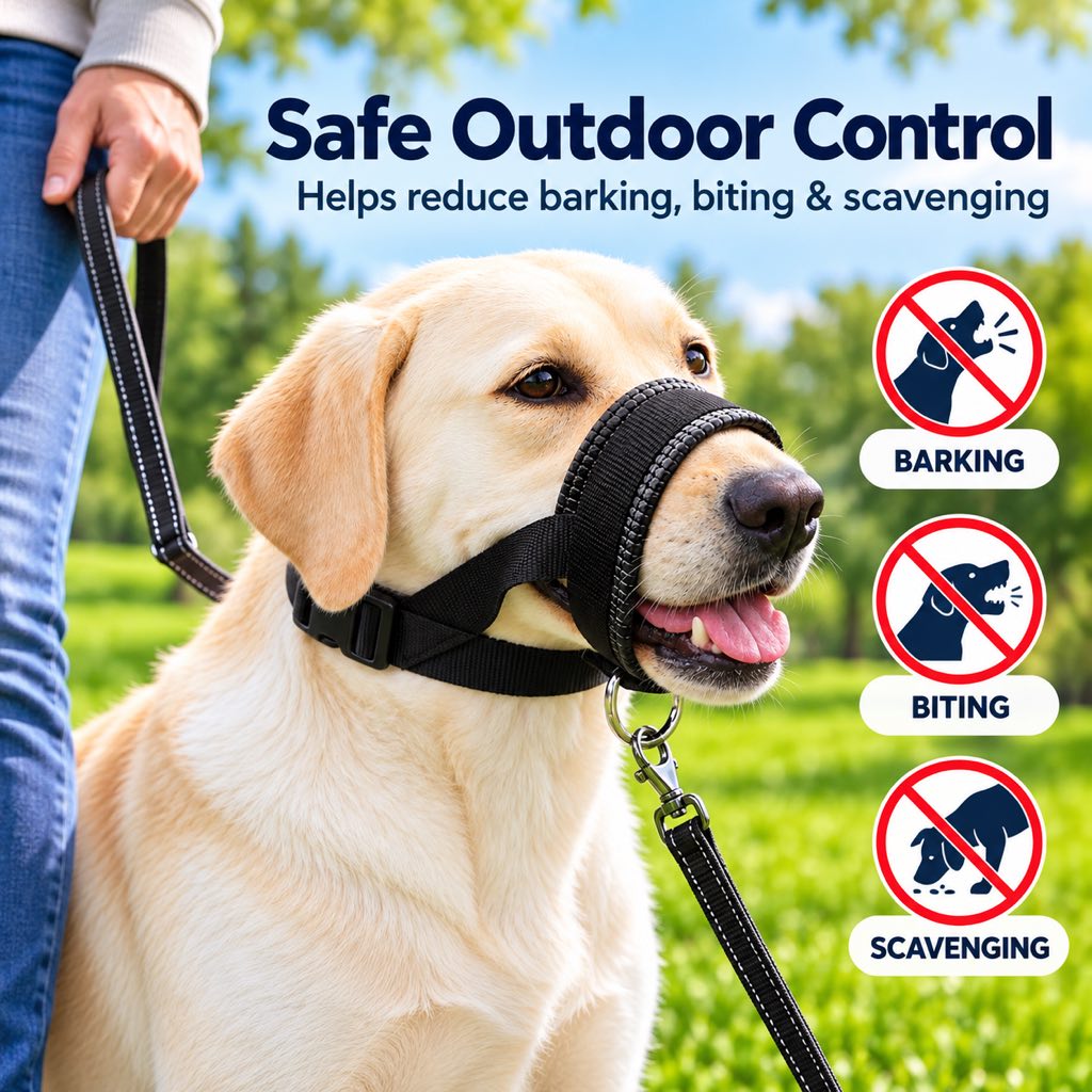 Padded Adjustable Dog Muzzle for Walks & Training – Helps Reduce Biting, Barking & Scavenging