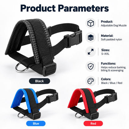 Padded Adjustable Dog Muzzle for Walks & Training – Helps Reduce Biting, Barking & Scavenging