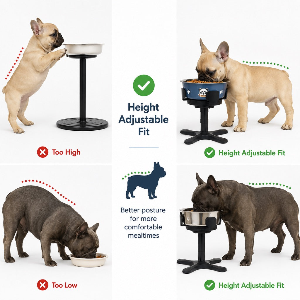 French Bulldog Adjustable Elevated Tilted Dog Bowl for Kitchen Feeding Corners - 3-Height Stand with Slow Feeder Insert to Reduce Neck Bending & Mess