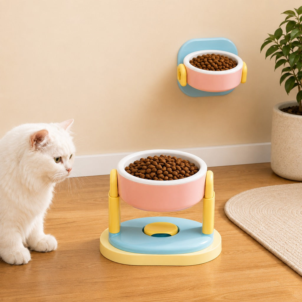 Adjustable Elevated Pet Bowl for Cats & Small Dogs - Space-Saving Wall-Mount or Freestanding Feeder for Cleaner Mealtimes