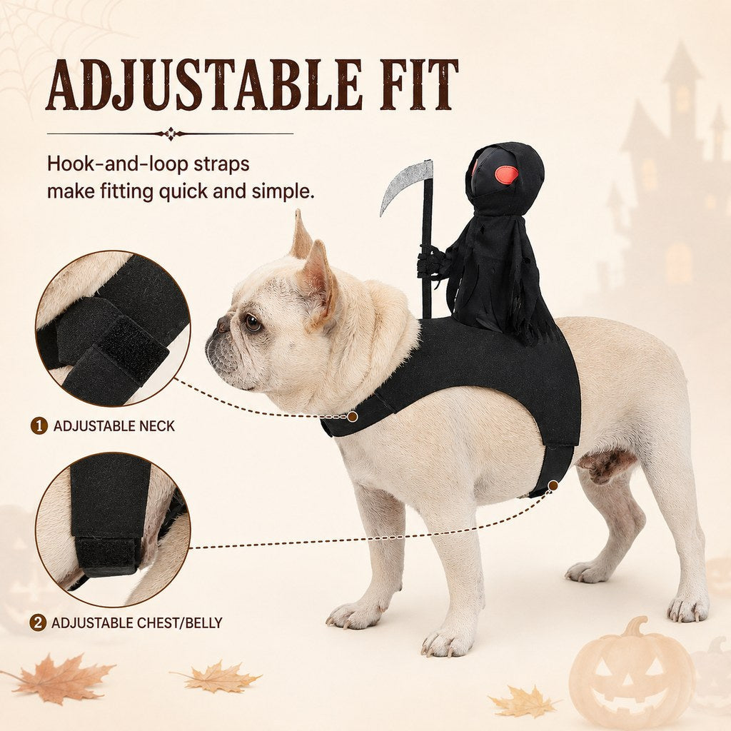 Grim Reaper Rider Pet Costume – Adjustable 3D Halloween Outfit for Trick-or-Treat, Parties & Photos