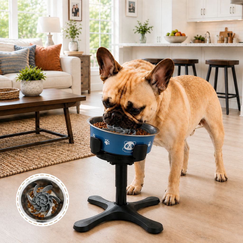French Bulldog Adjustable Elevated Tilted Dog Bowl for Kitchen Feeding Corners - 3-Height Stand with Slow Feeder Insert to Reduce Neck Bending & Mess