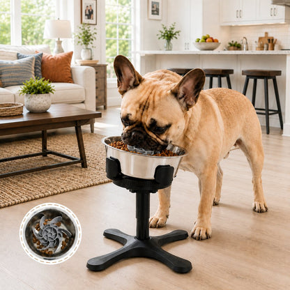 French Bulldog Adjustable Elevated Tilted Dog Bowl for Kitchen Feeding Corners - 3-Height Stand with Slow Feeder Insert to Reduce Neck Bending & Mess
