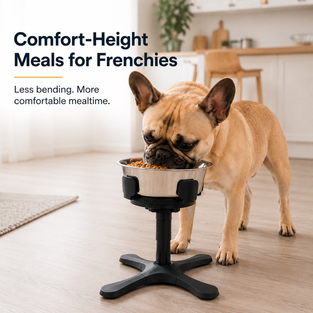 French Bulldog Adjustable Elevated Tilted Dog Bowl for Kitchen Feeding Corners - 3-Height Stand with Slow Feeder Insert to Reduce Neck Bending & Mess