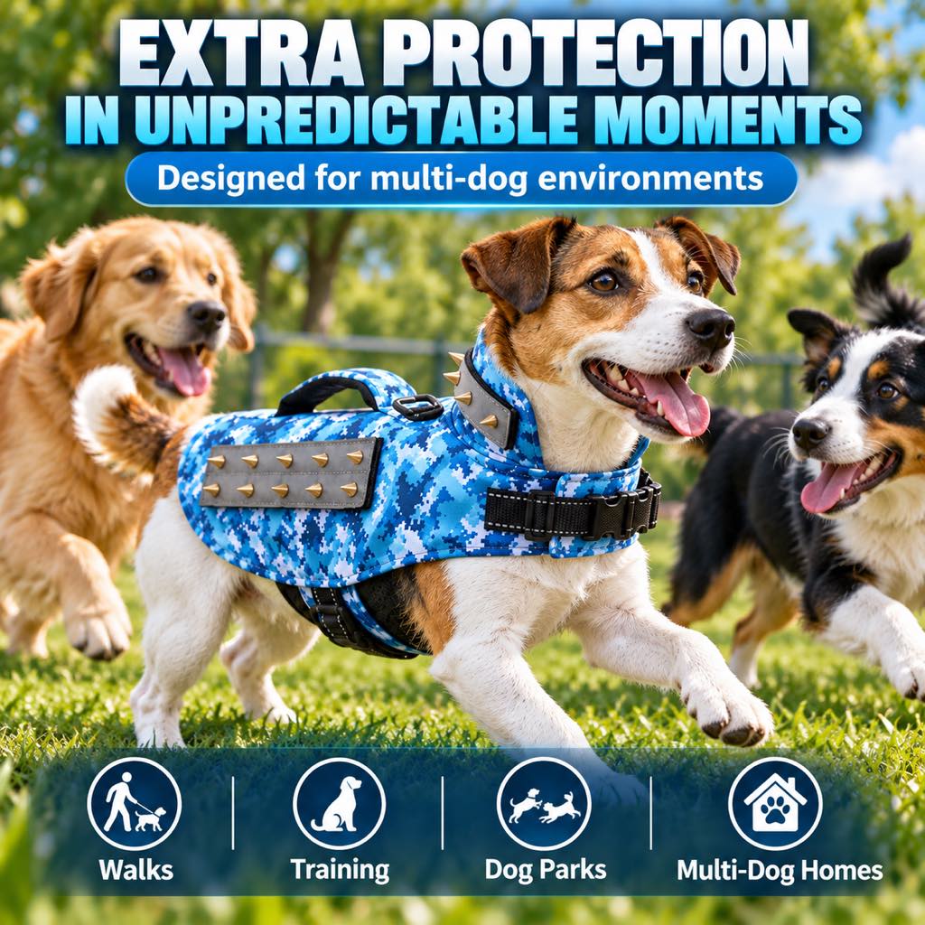 Protective Anti-Bite Dog Vest for Dog Parks & Training – Studded Neck & Body Guard with Control Handle