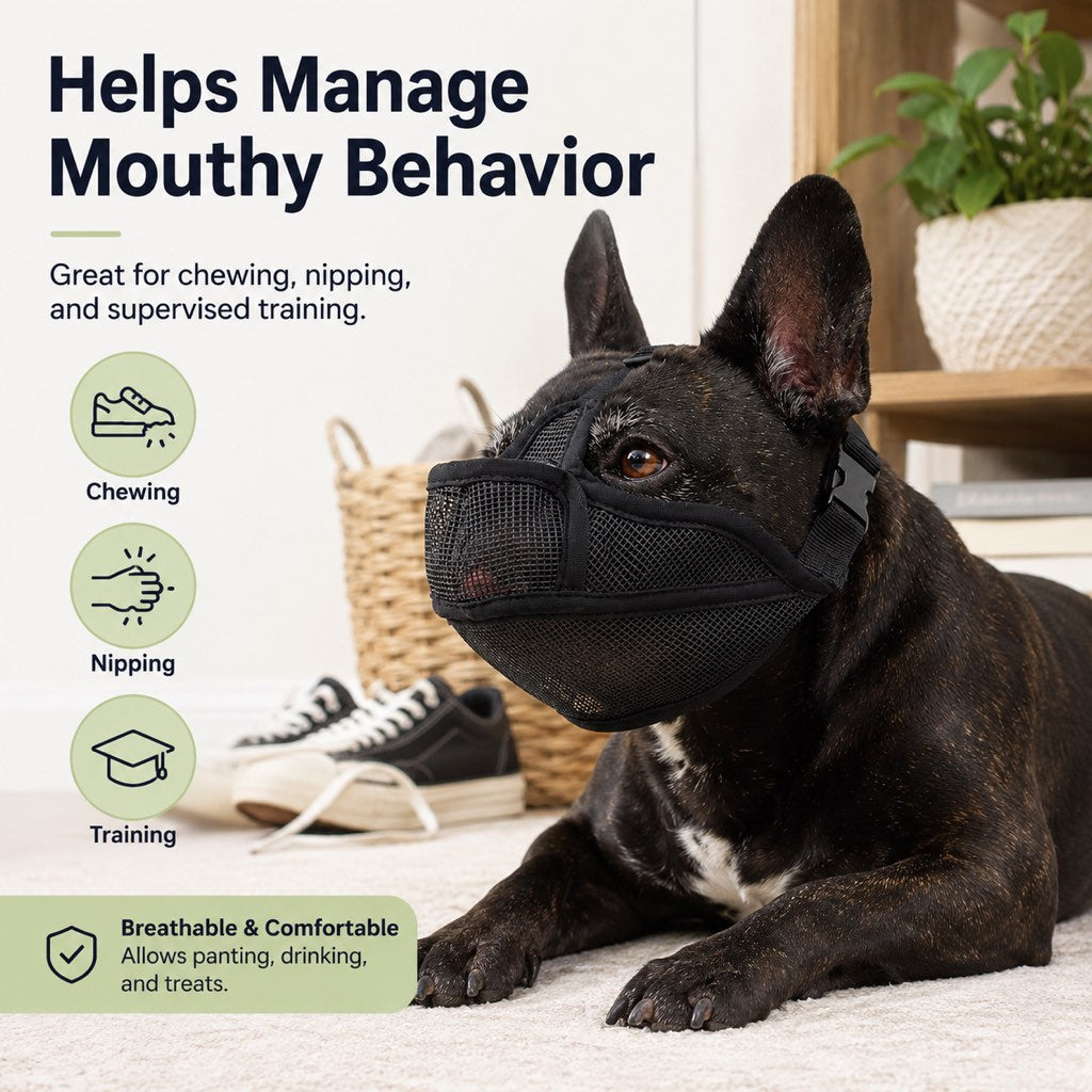 French Bulldog Breathable Mesh Muzzle for Walks, Grooming & Scavenging Control - Drink-Friendly Short-Snout Dog Muzzle