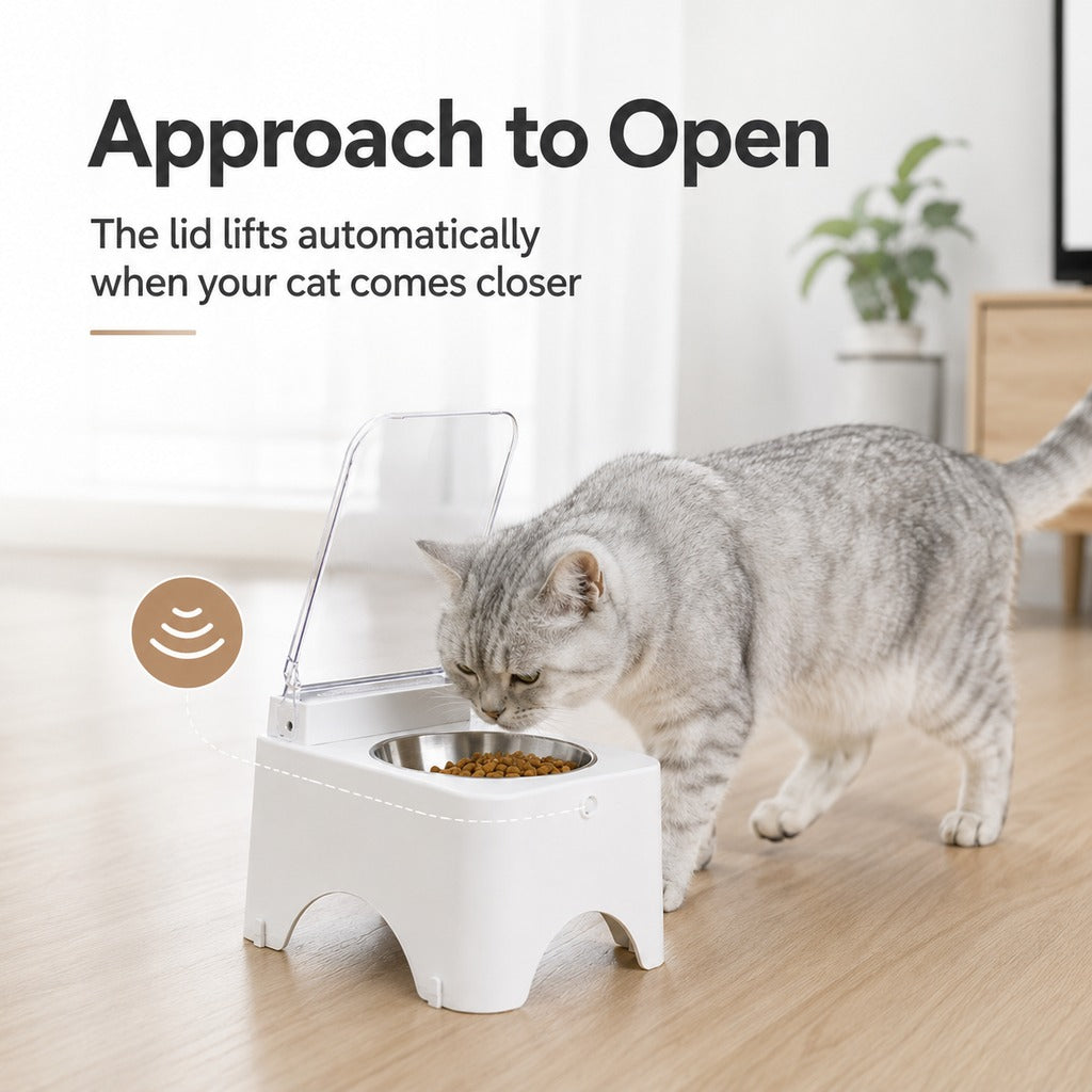 Smart Auto-Opening Covered Cat Bowl for Cleaner Indoor Feeding - Rechargeable Dustproof Cat Feeder
