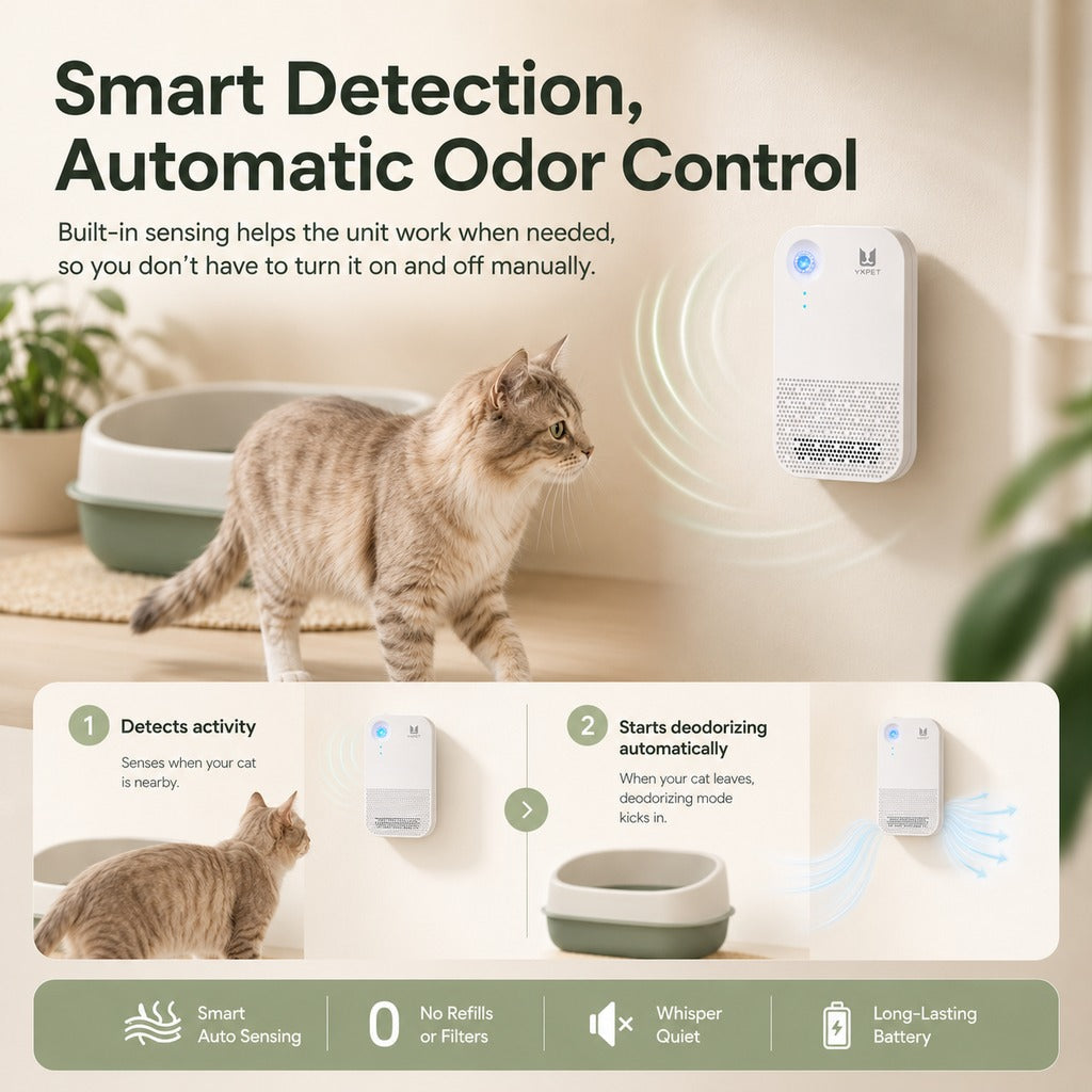 Smart Litter Box Odor Control Deodorizer for Cats - Cordless Auto-Sensing Pet Odor Purifier