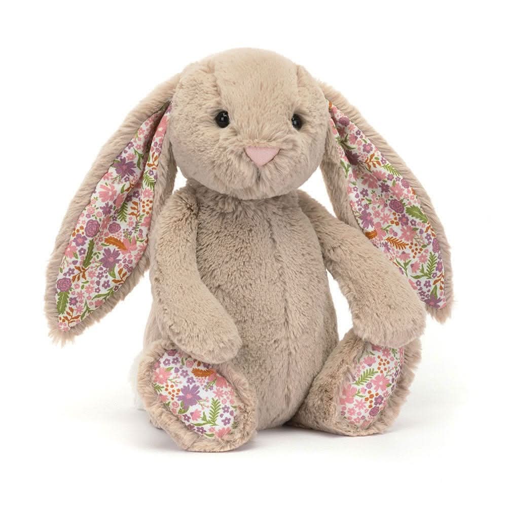 Plush Beige Bunny with Floral Ears – Soft Cuddly Toy, Small or Medium