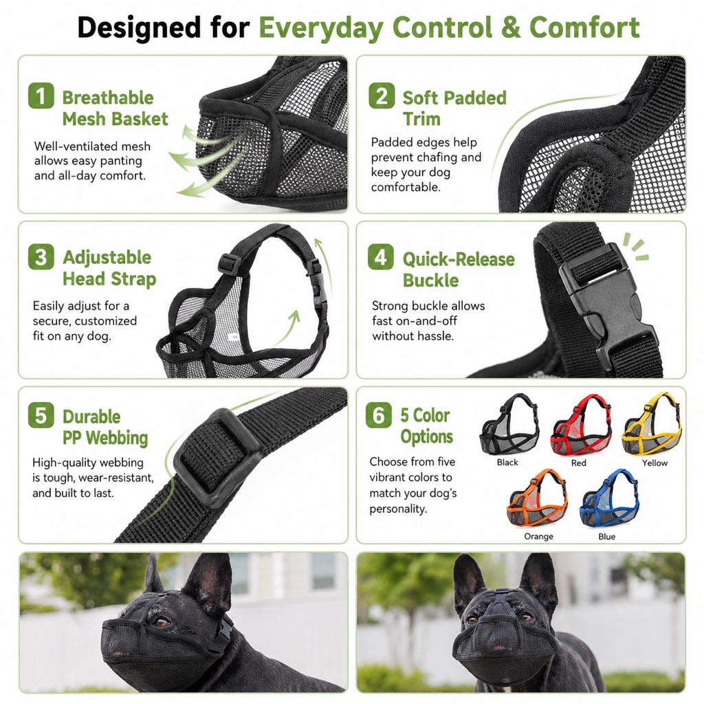 French Bulldog Breathable Mesh Muzzle for Walks, Grooming & Scavenging Control - Drink-Friendly Short-Snout Dog Muzzle