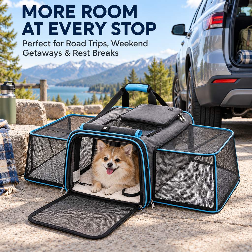Dual-Sided Expandable Pet Carrier for Cats & Small Dogs - More Room for Road Trips, Vet Visits & Travel