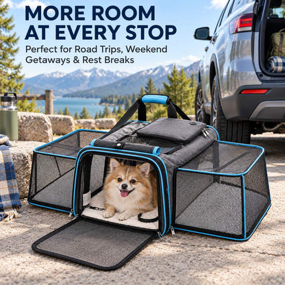 Dual-Sided Expandable Pet Carrier for Cats & Small Dogs - More Room for Road Trips, Vet Visits & Travel