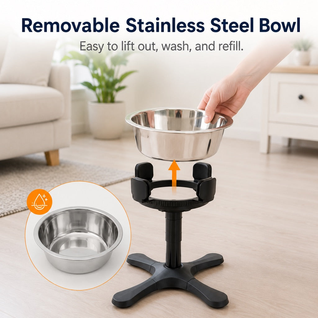 French Bulldog Adjustable Elevated Tilted Dog Bowl for Kitchen Feeding Corners - 3-Height Stand with Slow Feeder Insert to Reduce Neck Bending & Mess