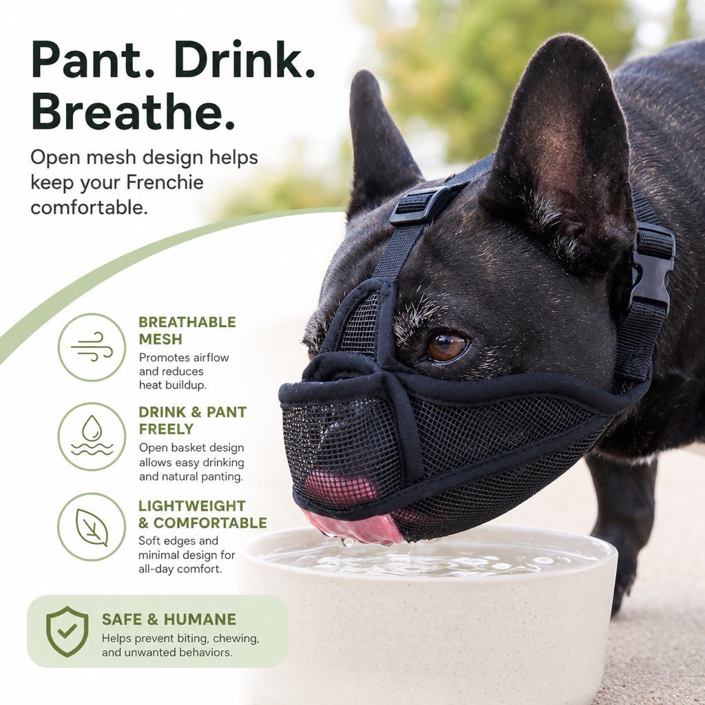 French Bulldog Breathable Mesh Muzzle for Walks, Grooming & Scavenging Control - Drink-Friendly Short-Snout Dog Muzzle