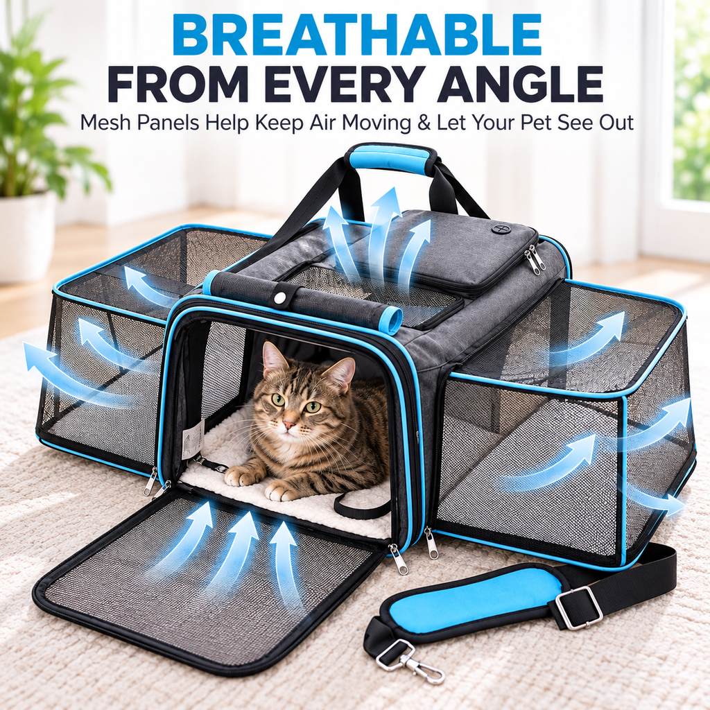 Dual-Sided Expandable Pet Carrier for Cats & Small Dogs - More Room for Road Trips, Vet Visits & Travel