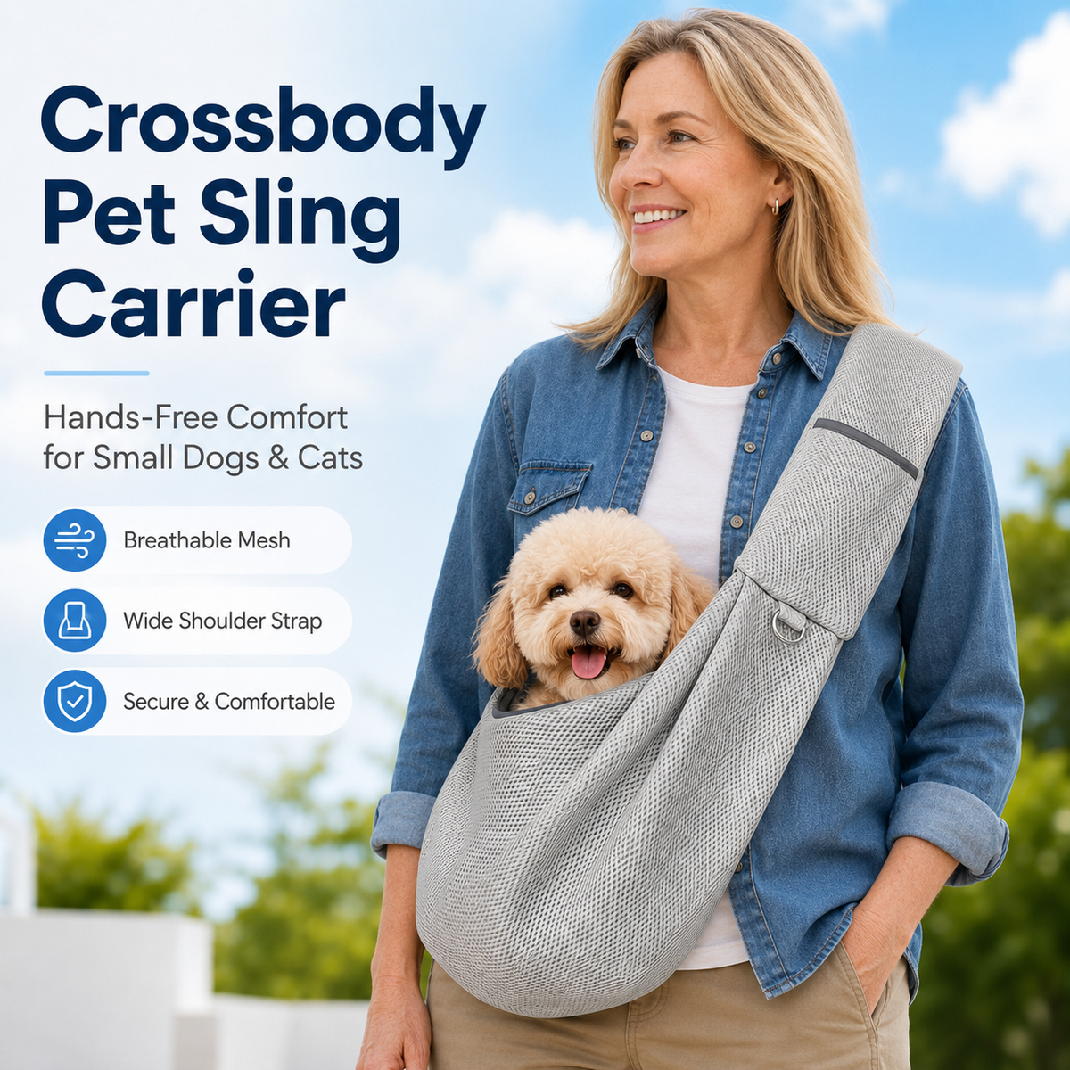 Crossbody Pet Sling Carrier for Small Dogs & Cats - Breathable Hands-Free Travel Bag for Walks, Errands & Vet Visits