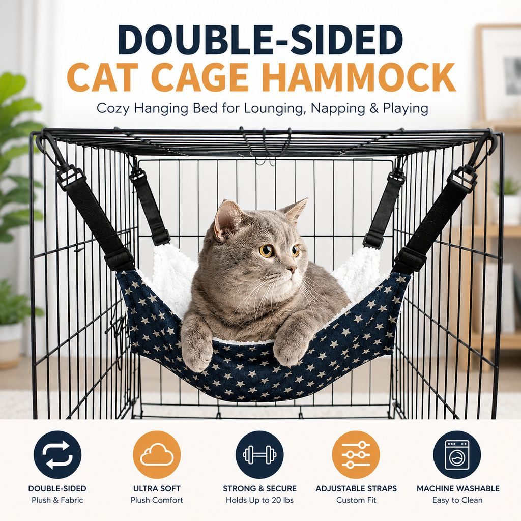 Reversible Cat Cage Hammock with Adjustable Straps - Space-Saving Hanging Bed for Wire Crates
