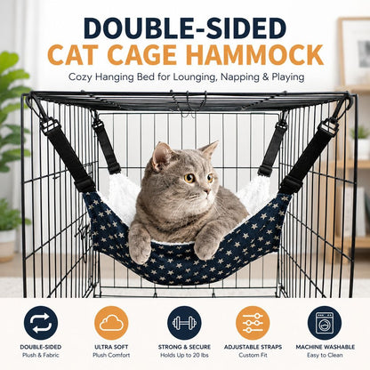 Reversible Cat Cage Hammock with Adjustable Straps - Space-Saving Hanging Bed for Wire Crates