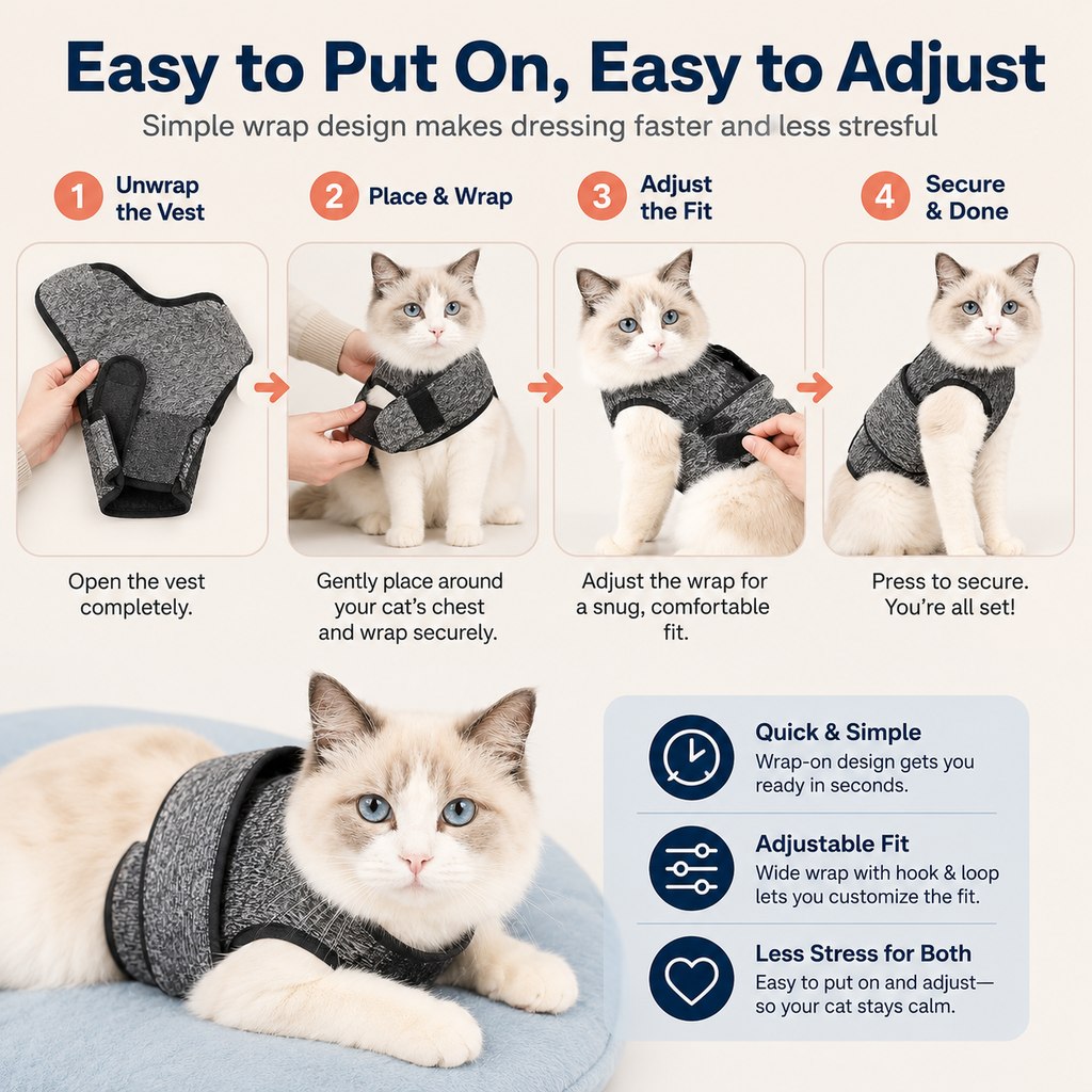 Cat Calming Vest for Thunderstorms, Travel & Quiet Time - Soft Adjustable Comfort Wrap for Nervous Cats