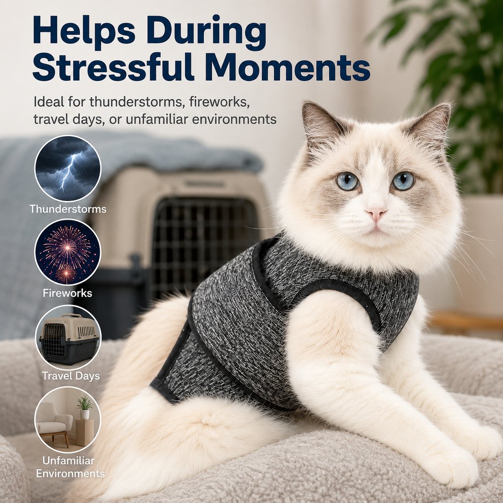 Cat Calming Vest for Thunderstorms, Travel & Quiet Time - Soft Adjustable Comfort Wrap for Nervous Cats