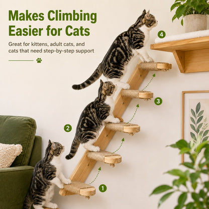 Wall-Mounted Solid Wood Cat Steps for Shelves & Perches - Space-Saving Jute Climbing Ladder