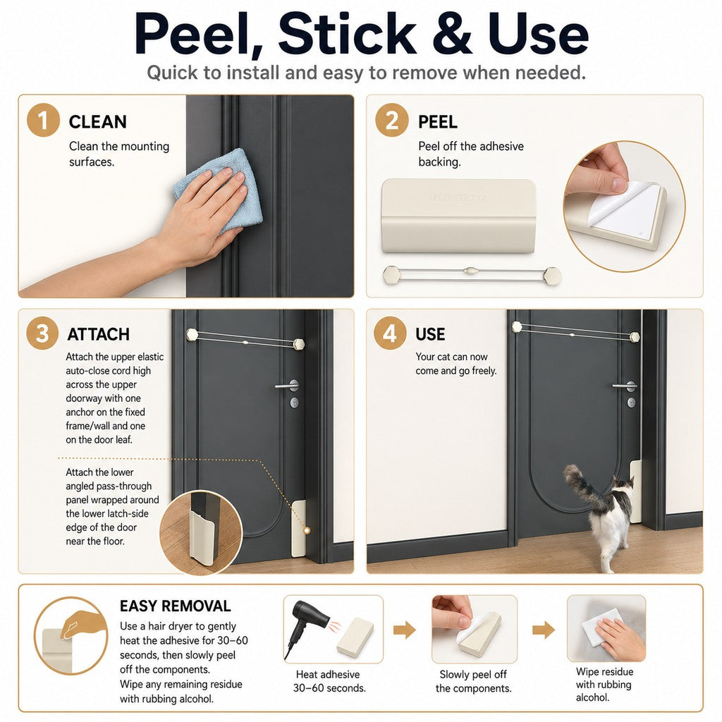 No-Drill Cat Door Alternative for Litter Rooms & Bedrooms – Helps Cats Pass Through Without Leaving Doors Wide Open