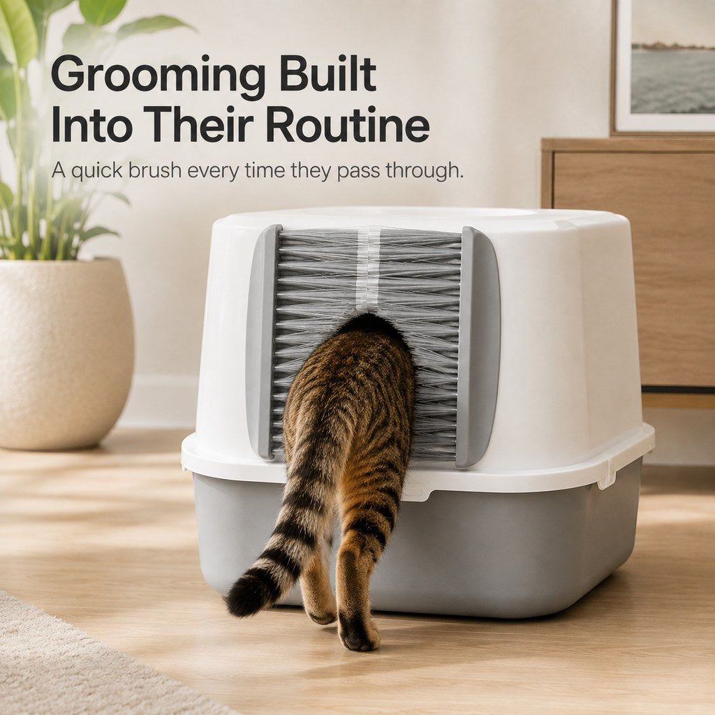 Cat Litter Box Self-Grooming Brush Door – Automatic Loose Fur Catcher for Enclosed Litter Boxes & Cleaner Homes, 2-Piece Set