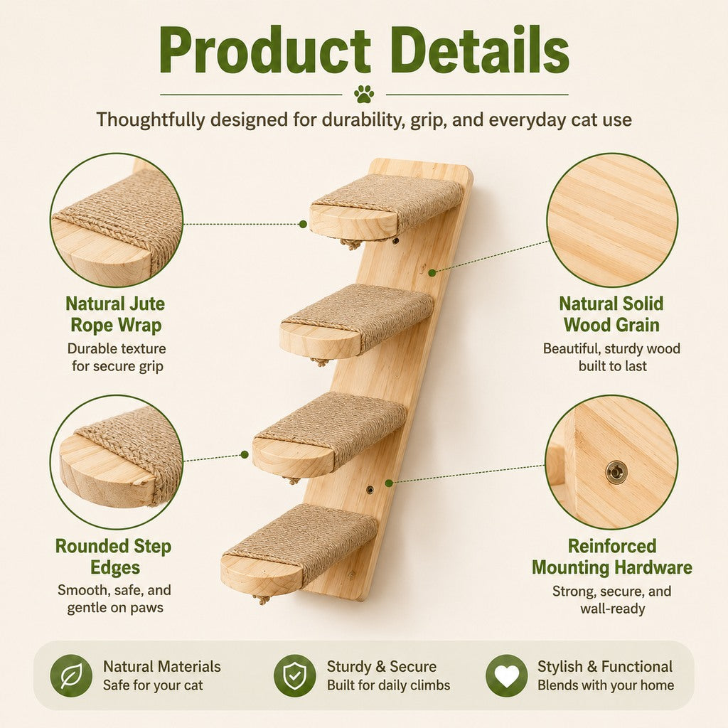 Wall-Mounted Solid Wood Cat Steps for Shelves & Perches - Space-Saving Jute Climbing Ladder