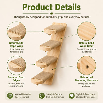 Wall-Mounted Solid Wood Cat Steps for Shelves & Perches - Space-Saving Jute Climbing Ladder