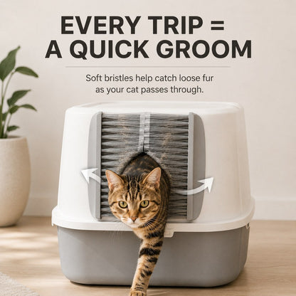 Cat Litter Box Self-Grooming Brush Door – Automatic Loose Fur Catcher for Enclosed Litter Boxes & Cleaner Homes, 2-Piece Set