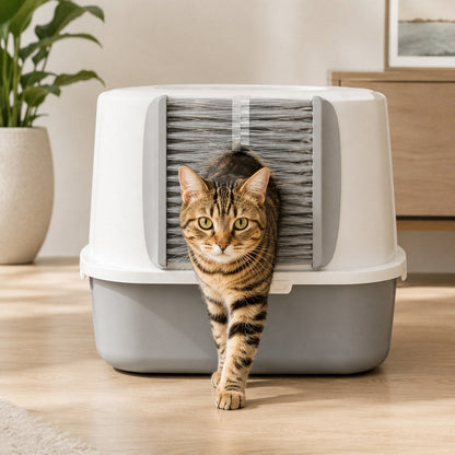 Cat Litter Box Self-Grooming Brush Door – Automatic Loose Fur Catcher for Enclosed Litter Boxes & Cleaner Homes, 2-Piece Set