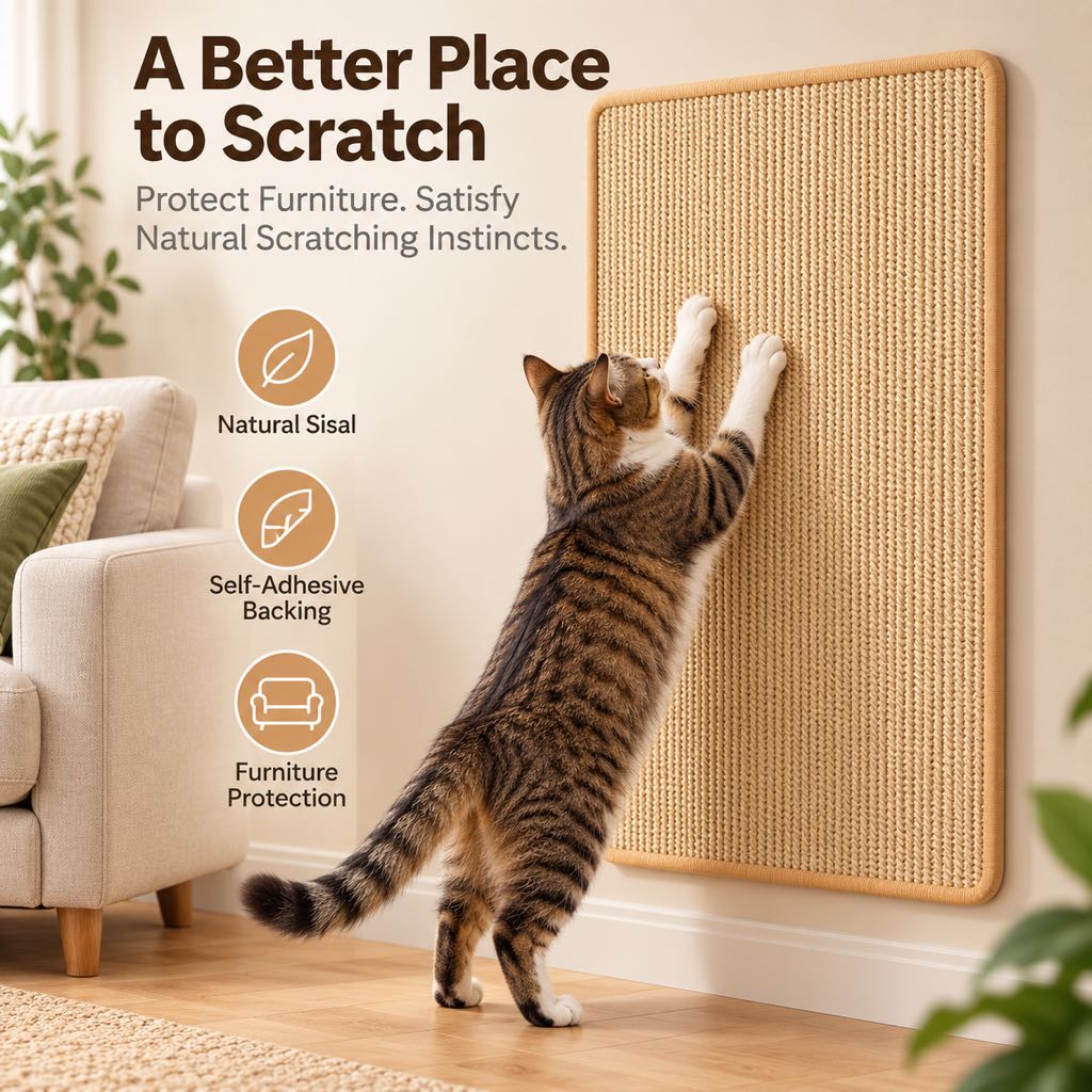 Self-Adhesive Sisal Cat Scratching Mat for Sofas & Walls - Helps Protect Furniture from Scratches